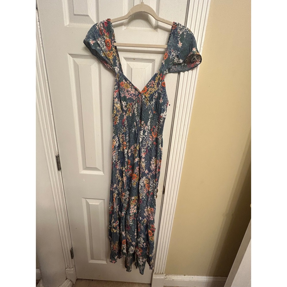 Angie Floral Boho Maxi Dress Blue Smocked Waist Lace Up Back Womens Medium